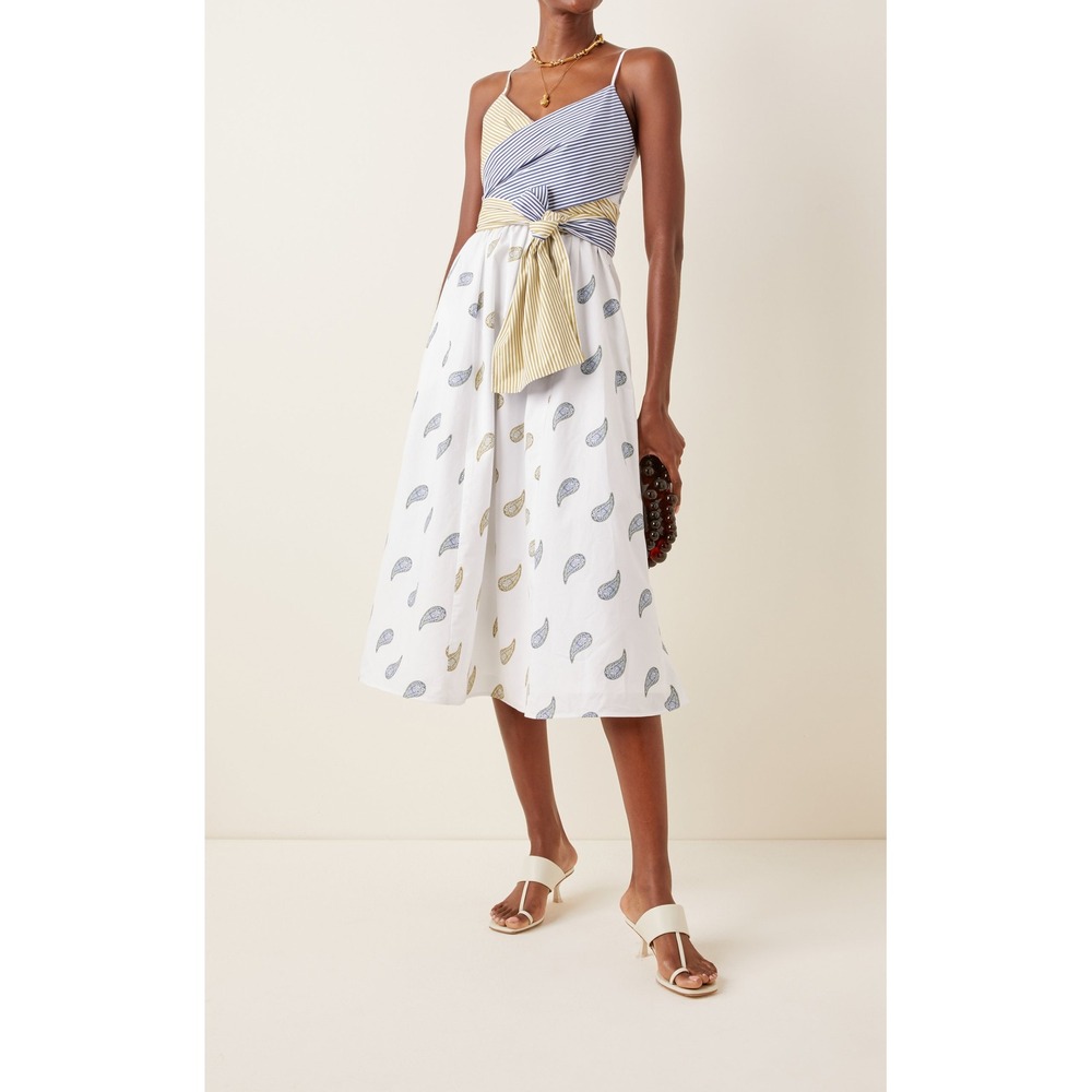 Silvia Tcherassi Mixed Print Paisley Striped Wrap Midi Dress White Blue Olive